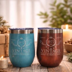 Two 1972 Birthday Coffee/Wine Tumblers - Teal and Champagne Colors